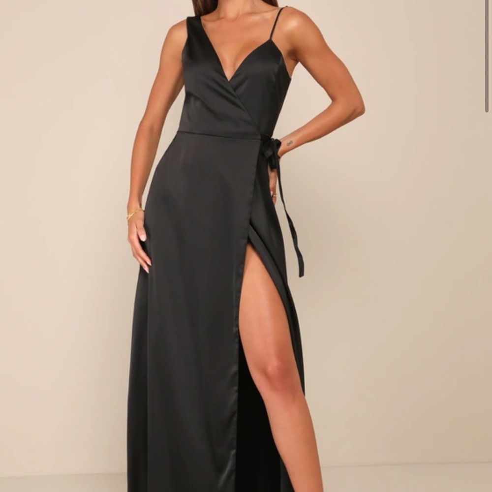 Lulus poised sophistication black satin wrap maxi dress